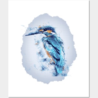 "Watercolor Kingsfisher T-Shirt Design in Turquoise with Light Blue Diamond Inlay" Posters and Art